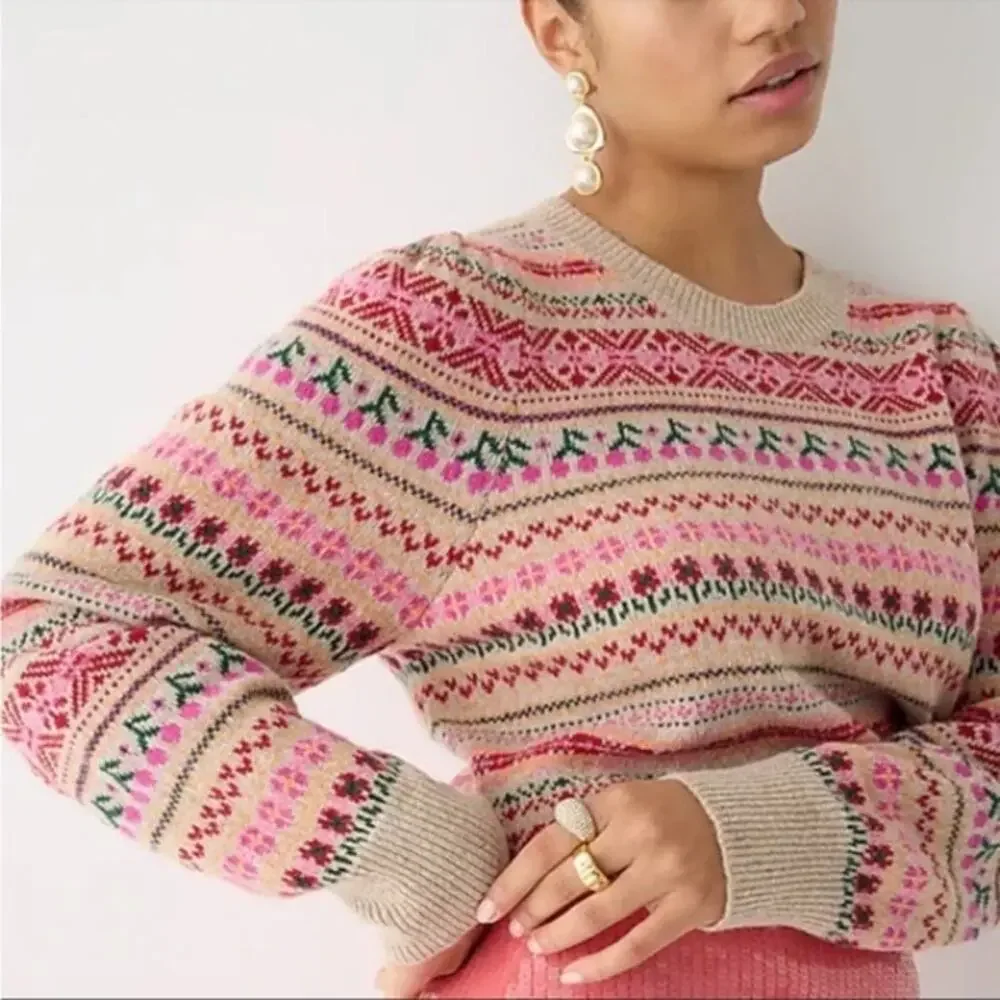 J. Crew Pink Fair Isle Crewneck Sweater